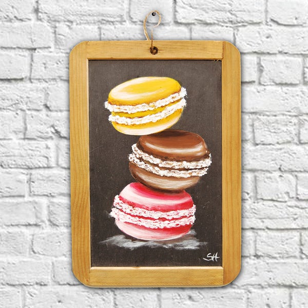 Ardoise d'écolier vintage peinte motif macarons illustration pâtisserie française