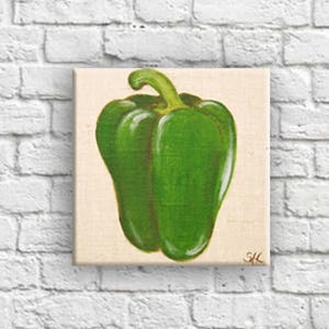 Linen print botanical illustration of vegetable kitchen wall decor Poivron vert