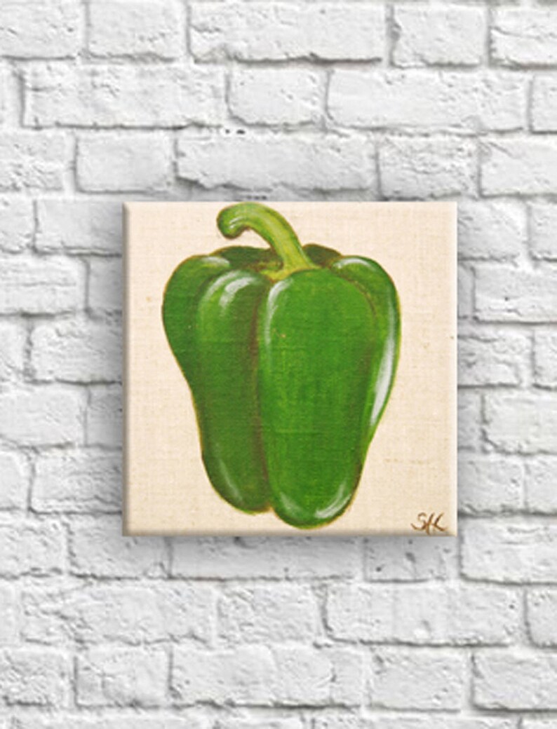 Linen print botanical illustration of vegetable kitchen wall decor Poivron vert