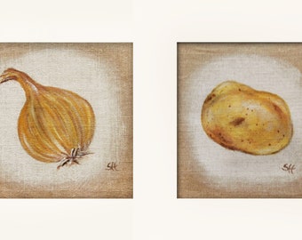 Botanical illustration of vegetables Yellow onions and potato Kitchen decoration