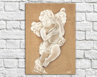 Acrylic painting on linen for shabby chic decoration angel illustration