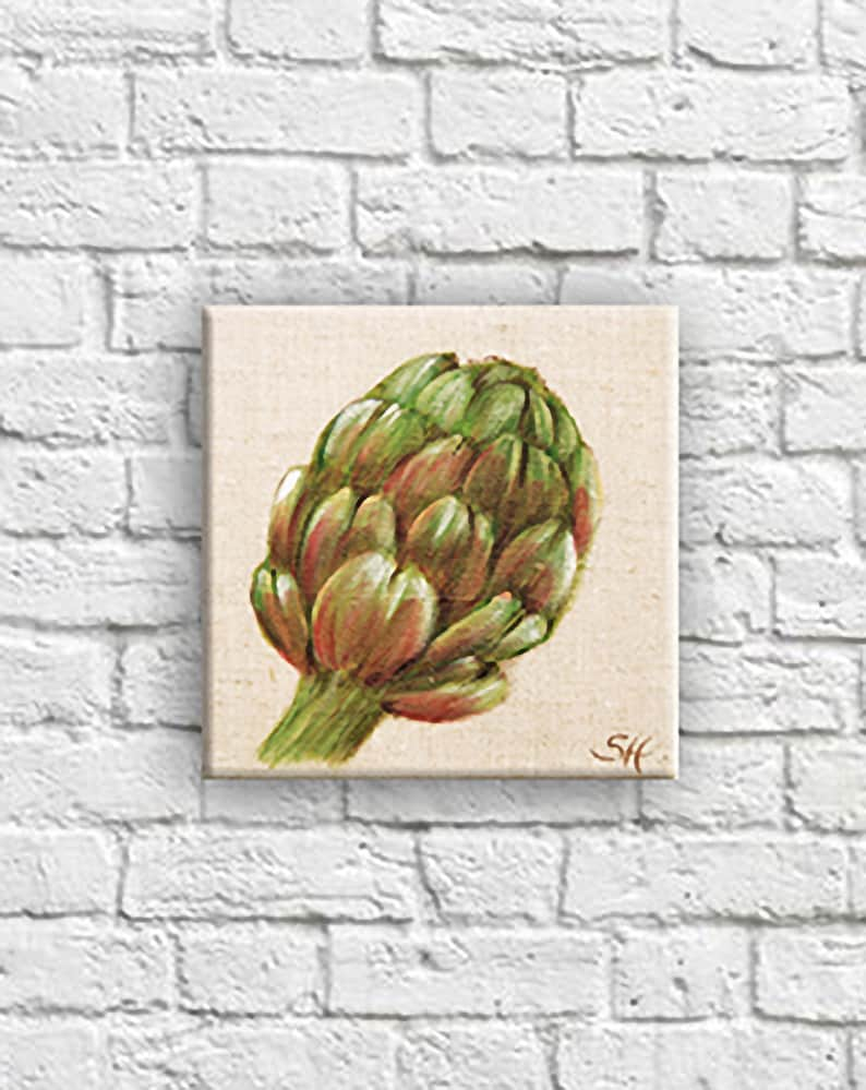 Linen print botanical illustration of vegetable kitchen wall decor artichaut