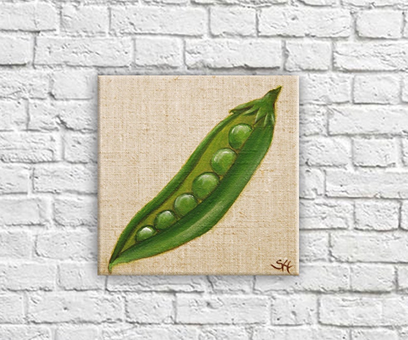 Linen print botanical illustration of vegetable kitchen wall decor petits pois
