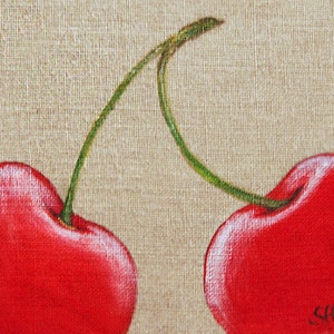 Peinture sur toile de lin Motif cerise Illustration botanique pour décoration d'intérieur duo cerises