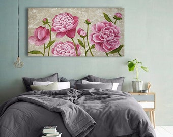 Tableau Pivoines peint sur toile de lin, Illustration art botanique fleurs décoration campagne chic