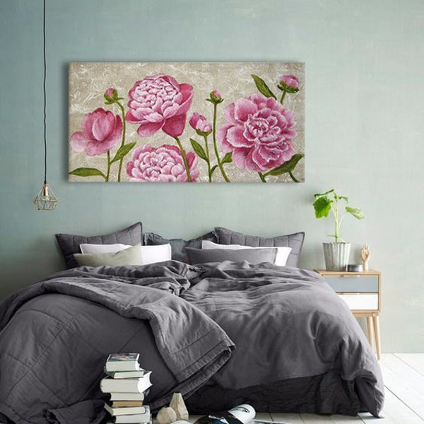 Tableau Pivoines peint sur toile de lin, Illustration art botanique fleurs décoration campagne chic