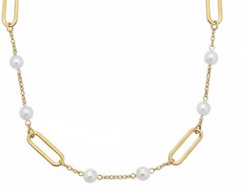 Gold Paperclip Chain & Pearl Necklace - Elegant Minimalist Jewelry