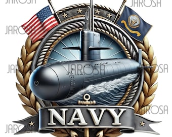 May include: A detailed illustration featuring a gray submarine emerging from the ocean waves, with the word "NAVY" on a banner. The design includes an American flag, a Navy flag, and a gold anchor.
