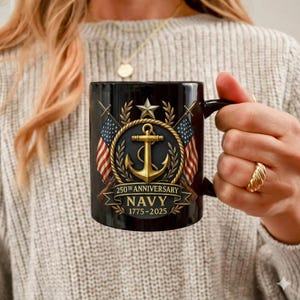 250th Anniversary Navy Anchor with American Flags Mug, Navy Retirement Gift, USMC 250