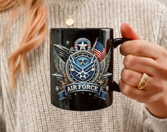 Air Force Emblem with American Flag Mug | Black Ceramic Coffee Cup