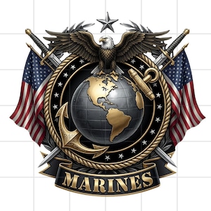 May include: A detailed emblem featuring an eagle perched atop a globe, flanked by American flags and crossed swords. The word "MARINES" is displayed on a banner below. The design incorporates an anchor and rope border, with a star at the top.