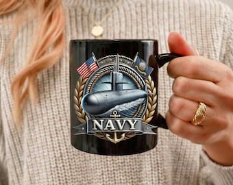 Navy Submarine Emblem Mug | US Navy Submarine Crest on Black Mug