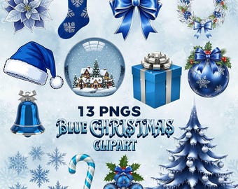 Blue Christmas Clipart Bundle | 13 PNG Blue Ornaments, Bow, Snowflakes | Instant Digital Download