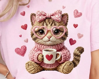 Faux Yarn Chunky Crochet Valentine Cat PNG, Retro valentine png Crochet Coquette Coffee Preppy Valentines Cat T Shirt Graphic