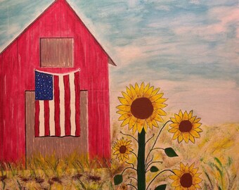Find Art Acrylic Painting Country by RAM "Liberty Barn 24" x 30"