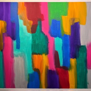 May include: Abstract painting with a white border. The artwork features vertical brushstrokes in a variety of colors, including pink, purple, green, yellow, blue, and orange. The painting has a modern, colorful aesthetic.