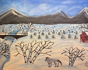 Find Art Acrylic Painting landscape by RAM "Wolf Winter Wonderland 24" x 36"