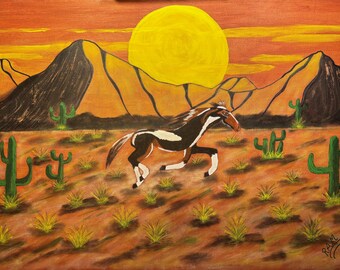 Find Art Acrylic Painting Western by RAM "Sunset Stampede 24" x 36"