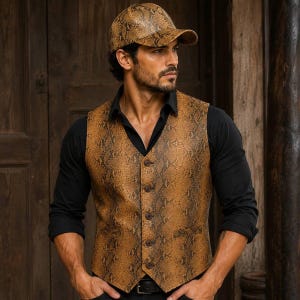 Gilet en cuir à motif python pour homme, gilet en peau de serpent, gilet imprimé animal exotique, gilet streetwear de luxe, cadeau original