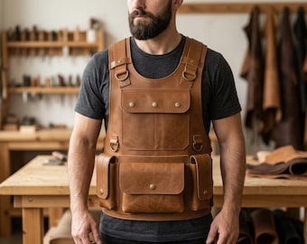 Läderväst Herr Flerficksbrun Cargoväst Taktisk Steampunkväst Sidosnörning Anpassad Utrustning Gåva, Archiviocraze