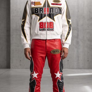 May include: A white zip-up jacket with a red collar, black star graphics, and text including "YOUR BRAND," "GRAND RACING," "BRAND," and "808 WORLDWIDE," paired with red leather pants featuring black side panels, white star accents, and a "GRAND" patch.