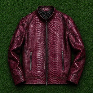Burgundy Python Leather Jacket Men Snakeskin Embossed Biker Bomber Maroon Motorcycle Coat Designer Luxury Outerwear Gift, Archiviocraze
