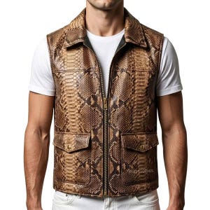 Gilet en cuir de python pour homme, gilet de motard en peau de serpent, imprimé animal exotique, gilet cargo zippé, cadeau streetwear tendance pour lui.