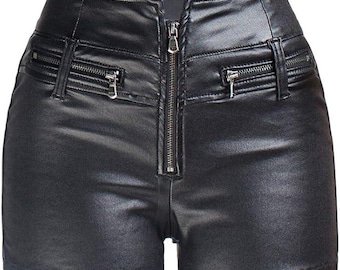 Mini shorts da donna in vera pelle - Shorts a vita alta in vera pelle con dettagli a cerniera - Stile grintoso da motociclista e per festival