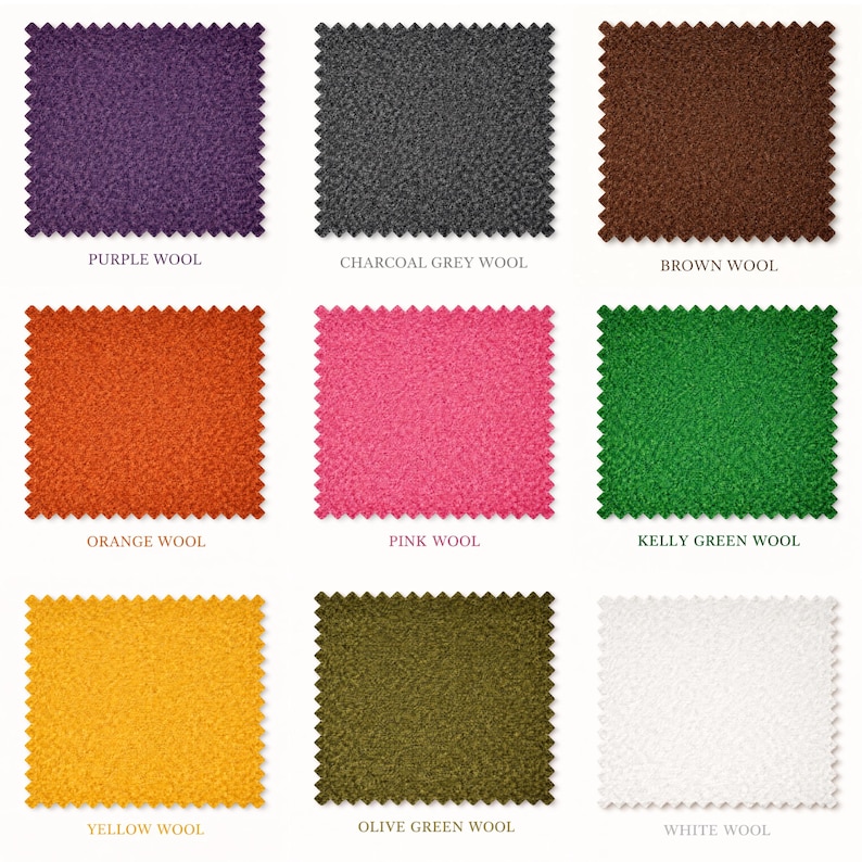 Peut inclure: Neuf &eacute;chantillons de tissu de diff&eacute;rentes couleurs, dont le violet, le gris anthracite, le marron, l'orange, le rose, le vert Kelly, le jaune, le vert olive et le blanc. Chaque carr&eacute; est &eacute;tiquet&eacute; avec sa couleur et "laine".
