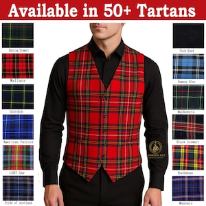 Puede incluir: Un chaleco rojo a cuadros sobre una camisa negra. El chaleco está abotonado y presenta un patrón de tartán clásico. La imagen también muestra varios patrones de tartán y el texto "Available in 50+ Tartans."