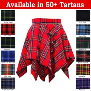 May include: A red tartan skirt with an asymmetrical design. The skirt has a classic plaid pattern in red, yellow, and black, with black leather straps and buckles. The image also shows various tartan patterns.
