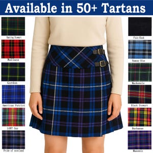 May include: A blue and black plaid skirt featuring a high waistband with two decorative brass-toned buckles on the right side. The skirt is displayed alongside a grid of various tartan patterns labeled with names like Hunting Stewart and Wallace.