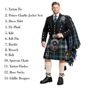 May include: A man in a traditional Scottish kilt outfit. The ensemble features a black jacket, vest, and a green and blue plaid kilt. Accessories include a sporran, belt, and hose socks. A tartan tie and fly plaid are also visible.