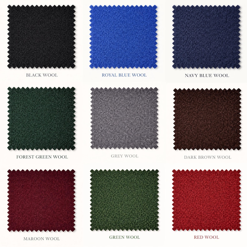 Peut inclure: Neuf &eacute;chantillons de tissu de laine de diff&eacute;rentes couleurs : noir, bleu roi, bleu marine, vert for&ecirc;t, gris, marron fonc&eacute;, bordeaux, vert et rouge. Chaque &eacute;chantillon est &eacute;tiquet&eacute; avec sa couleur et "WOOL".