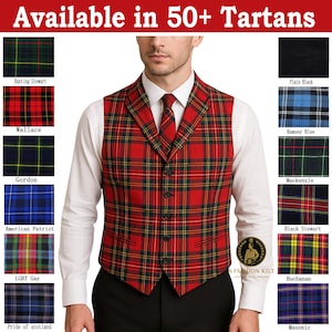 May include: A red, green, and yellow plaid vest and matching tie are worn over a white dress shirt. The image includes a variety of tartan patterns, with the text "Available in 50+ Tartans" at the top.