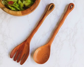 Wooden Salad Servers with Rippled Handles - Beautiful Serving Utensils