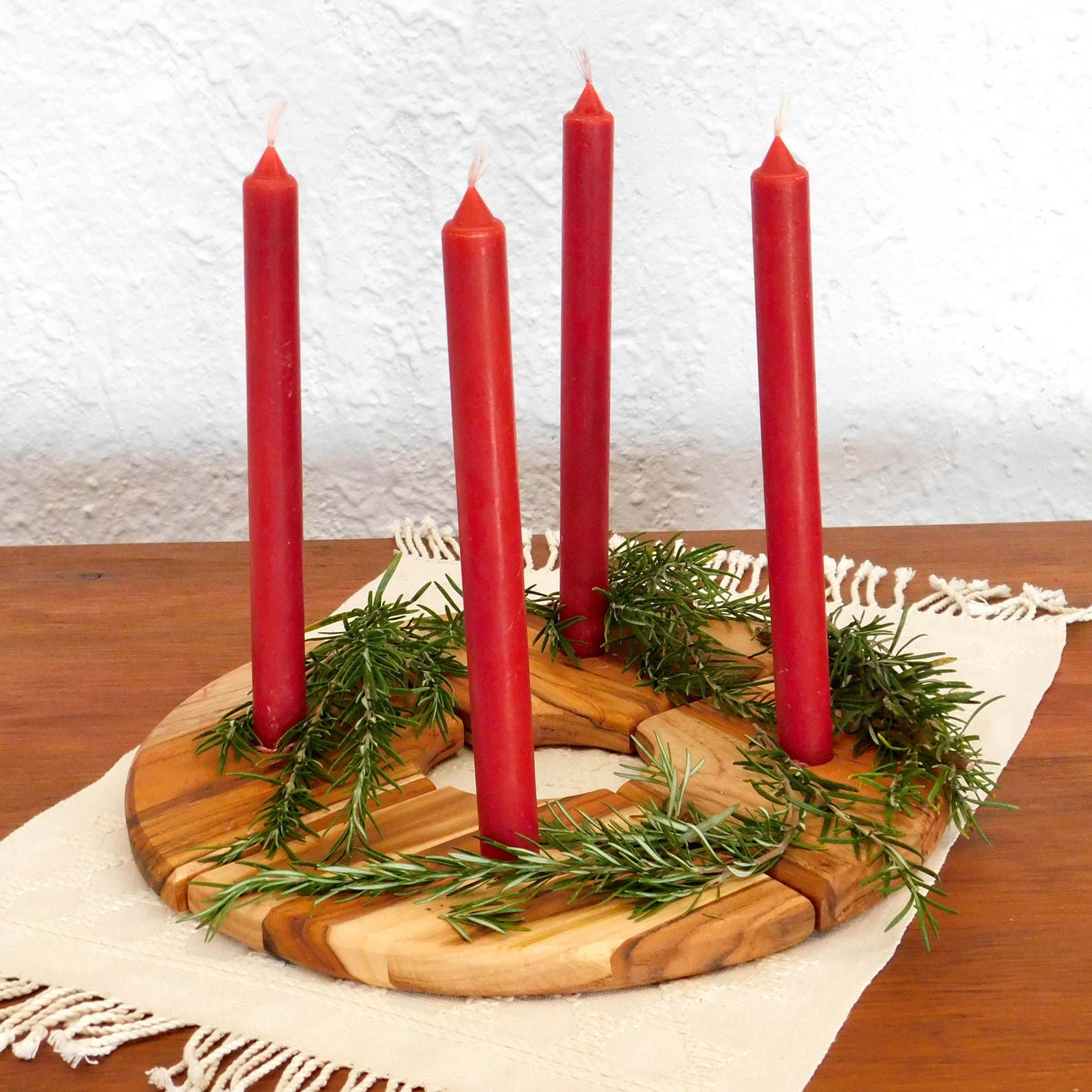 Wooden Modern Advent Wreath Candle Holder Centerpiece - 4 Pieces Made of Teak for Stick Candles