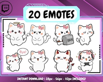 20 White Cat Emotes Pack, Twitch and Discord Streamer Emotes (PNG)