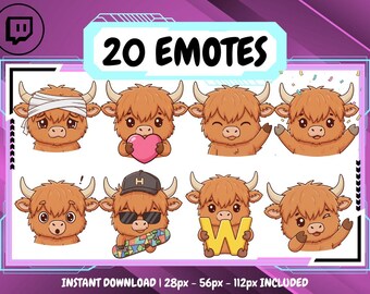 20 Highland Cow Cute Emote Pack, High-Resolution Twitch Emotes, Discord Emotes, Emotes for Streamers, Unique Emotes for Twitch, Cute Emote