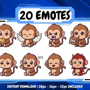 20 Monkey Cute Emote Pack, High-Resolution Twitch Emotes, Discord Emotes, Emotes for Streamers, Unique Emotes for Twitch, Cute Emote