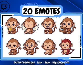 20 Monkey Cute Emote Pack, High-Resolution Twitch Emotes, Discord Emotes, Emotes for Streamers, Unique Emotes for Twitch, Cute Emote