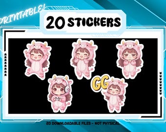 Strawberry Cow Brunette Stickers | Kawaii Chibi Digital Download (20 Stickers)