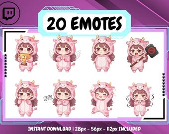 20 Pink Cow Brunette Girl Emote Pack, High-Res Twitch Emotes, Discord Emotes, Streamer Emotes, Unique Emotes for Twitch, Cute Emote