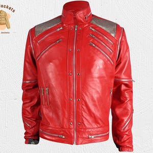 Michael Jackson Beat It Red Leather Jacket for Men, MJ Concert Style Biker Jacket, Tribute Costume Inspired by Iconic Music Performance image 1