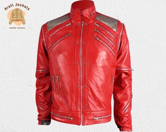 Michael Jackson Red Beat It Jacket for Men | Biker Leather Costume