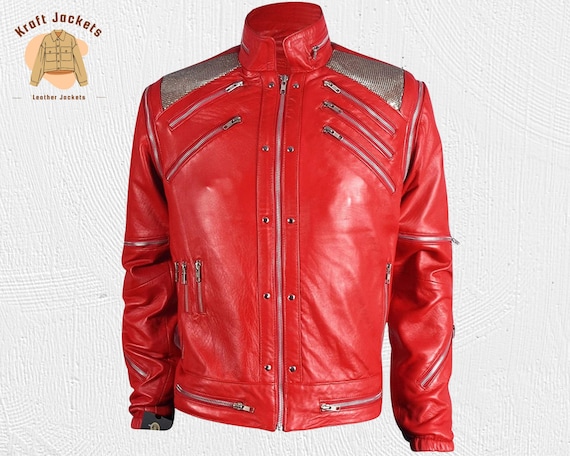 Michael Jackson Beat It Red Leather Jacket for Men, MJ Concert Style Biker Jacket, Tribute Costume Inspired by Iconic Music Performance