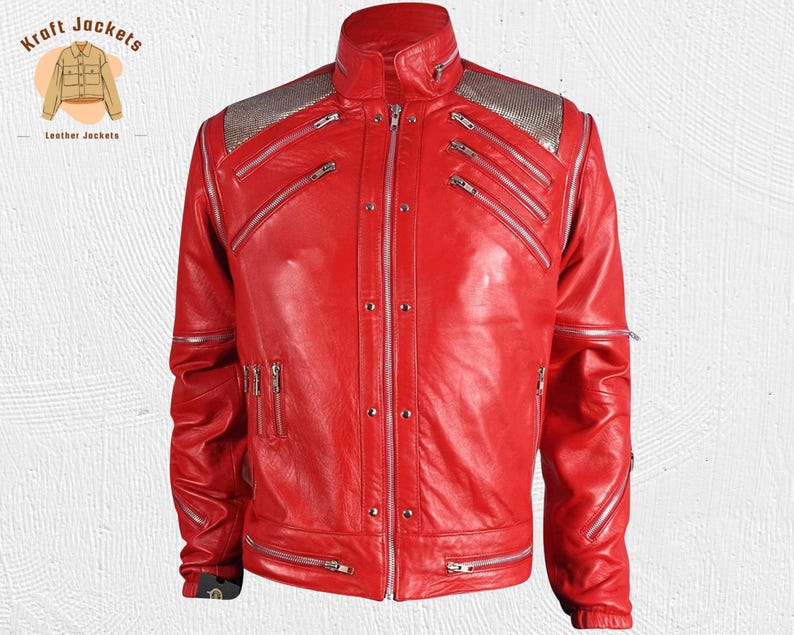 Michael Jackson Beat It Red Leather Jacket for Men, MJ Concert Style Biker Jacket, Tribute Costume Inspired by Iconic Music Performance image 1