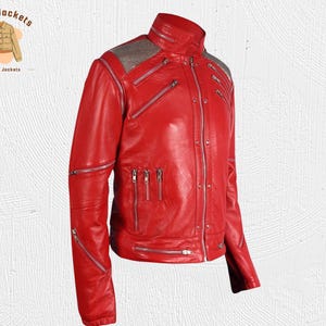 Michael Jackson Beat It Red Leather Jacket for Men, MJ Concert Style Biker Jacket, Tribute Costume Inspired by Iconic Music Performance image 2