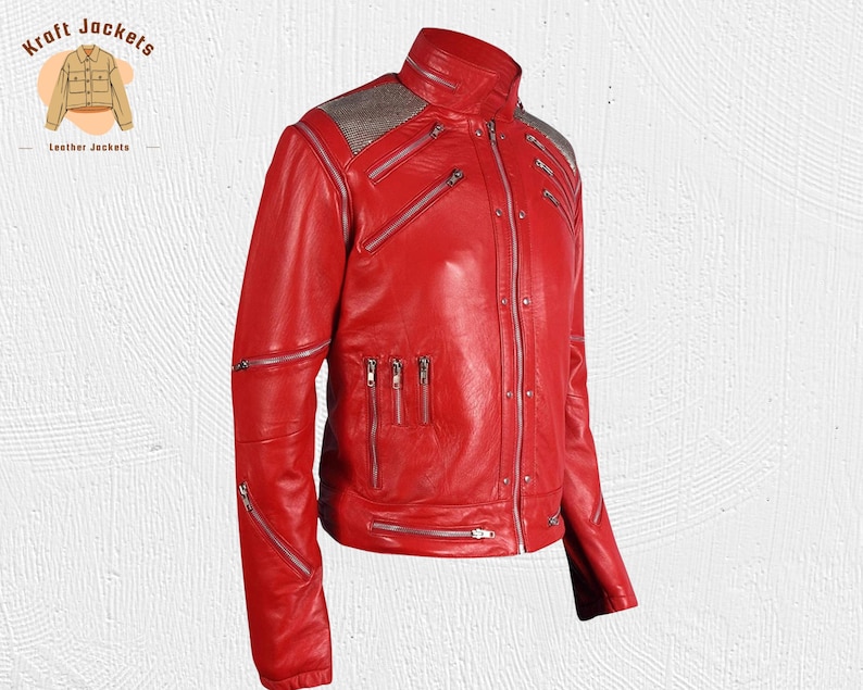 Michael Jackson Beat It Red Leather Jacket for Men, MJ Concert Style Biker Jacket, Tribute Costume Inspired by Iconic Music Performance image 2