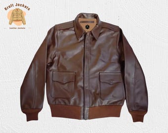 A2 vliegjack – klassiek bruin leren pilotenjack voor heren, vintage Air Force-bommenwerperstijl, op piloten geïnspireerde WO II-bovenkleding